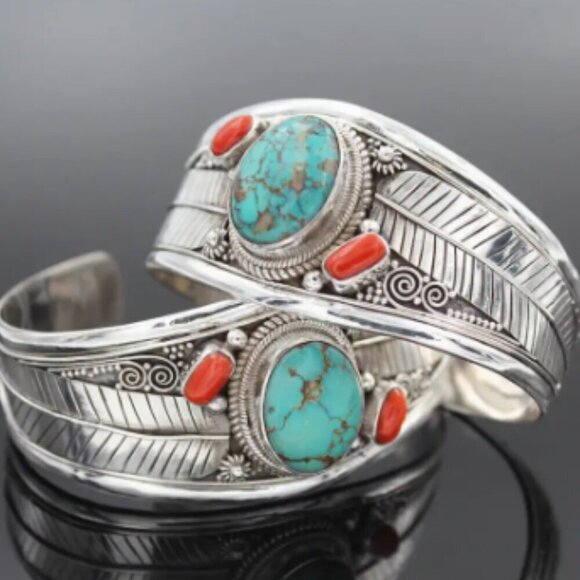 Silver Plated Cuff Bracelet - Western Boho - Turquoise & Red accent Ston… - Picture 3 of 4